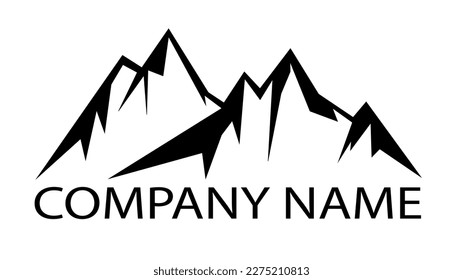 Black silhouette of mountains peaks landscape banner panorama illustration adventure travel icon vector for logo, isolated on white background, with example text
