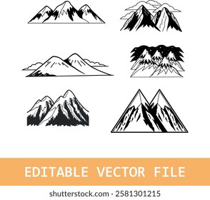 Black silhouette of mountains peaks landscape banner panorama illustration adventure travel icon set