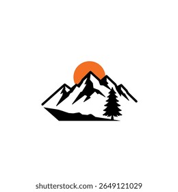 Black silhouette of mountains and a pine tree against a white background with an orange sun. Simple vector graphic style.