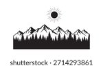 Black silhouette of mountains pine trees and sun forest