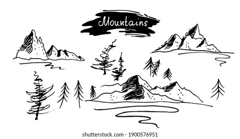 Black silhouette of mountains. Sketch. Vector illustration.