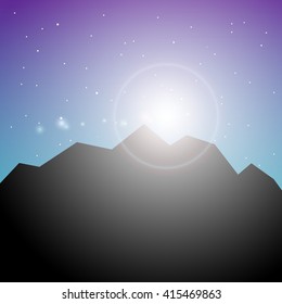 Black silhouette of mountains and starry night sky. Vector background for flyer, advertising, banner, ads, poster. Polar night landscape. Sun and dark sky at the North Pole