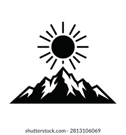 Black silhouette of mountains with sun shining above, simple graphic design