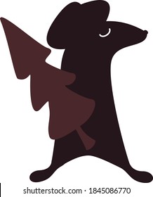 Black silhouette of a mouse with a Christmas tree in his hands, vector illustration