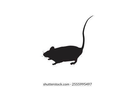 Black silhouette of a mouse with a distinct long tail, isolated on a white background, perfect for designs or educational use.