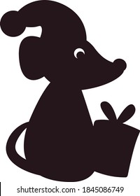 Black silhouette of a mouse in a hat with a gift, vector illustration