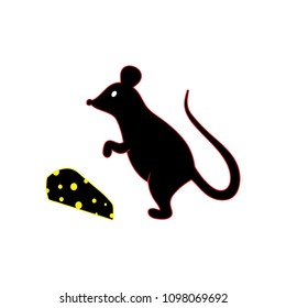black silhouette of a mouse and piece of cheese -  mouse logo - vector illustration
