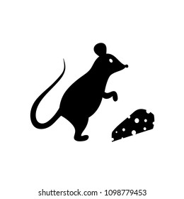 black silhouette of a mouse and piece of cheese -  mouse logo - vector illustration