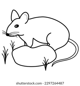 Black silhouette of mouse from side standing behind stone and grass