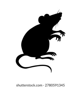 Black silhouette of a mouse standing on hind legs, rodent vector illustration isolated on white background
