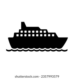 Silueta negra de crucero transatlántico de varias cubiertas aislado en blanco. Ilustración de dibujos animados sobre el viaje marítimo. Transporte, concepto de vacaciones. Vector simple en blanco y negro