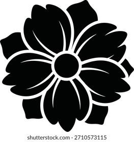 Uma silhueta preta de uma flor multi-pétala com um círculo central, isolado em um fundo branco. Formato escalável adequado para mídia impressa e digital.