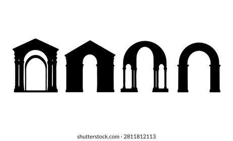 Black silhouette of multiple ancient arches showcasing historical architecture and design elements.