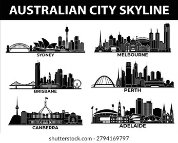 Black silhouette of multiple Australian city skylines including Sydney, Melbourne, Brisbane, Perth, Adelaide, and Canberra.