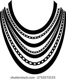 A black silhouette of multiple layered necklaces and chains arranged in a curved shape on a white background.
