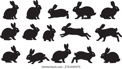 Black silhouette of multiple rabbits in various hopping positions on a white background