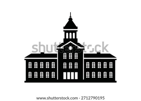 A black silhouette of a multi-story building is displayed on a white background. The architecture includes a central tower with a steeple, and the facade is adorned with numerous arched windows arranged in a grid pattern. The overall design suggests an educational institution or a historical public building with a classic aesthetic.
