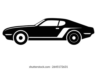 Black silhouette of a muscle car side view against a white background The car has white racing stripes and simple wheel designs. The style is minimalist
