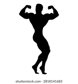 A black silhouette of a muscular bodybuilder flexing arms, showcasing strength and physique against a plain white background.