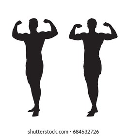 Black silhouette of muscular bodybuilder on white background. Vector illustration.