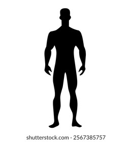 Black silhouette of a muscular male body standing upright in a neutral pose, ideal for fitness, anatomy, or medical concepts