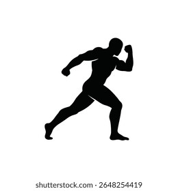 Uma silhueta preta de um homem musculoso torcendo seu corpo e batendo contra um fundo branco O estilo é simples e gráfico