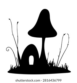 Black silhouette of a mushroom surrounded by grass and plants, emphasizing natural forest or garden environment, minimalistic style.