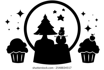 A black silhouette of a music box with christmas tree and snowman inside it between two cupcakes. Whimsical Holiday Icons.
