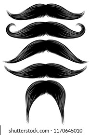 Black Silhouette Of The Mustache Set Isolated On White. Vintage Engraving Stylized Drawing. Vector Illustration