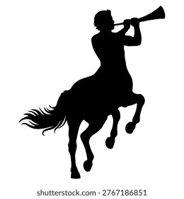 Una silueta negra de una criatura mítica, un centauro, tocando un cuerno.