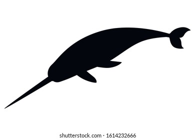 Black silhouette narwhal(Monodon monoceros) toothed whale with tusk cartoon sea character design flat vector illustration isolated on white background