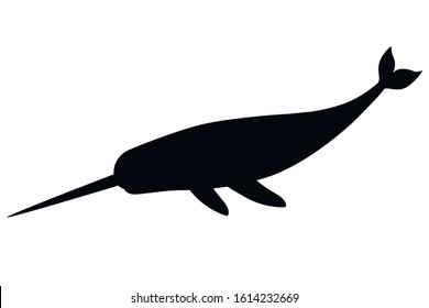 Black silhouette narwhal(Monodon monoceros) toothed whale with tusk cartoon sea character design flat vector illustration isolated on white background