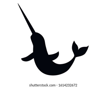 Black silhouette narwhal(Monodon monoceros) toothed whale with tusk cartoon sea character design flat vector illustration isolated on white background