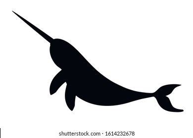 Black silhouette narwhal(Monodon monoceros) toothed whale with tusk cartoon sea character design flat vector illustration isolated on white background