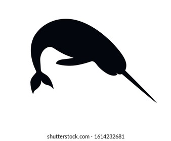 Black silhouette narwhal(Monodon monoceros) toothed whale with tusk cartoon sea character design flat vector illustration isolated on white background