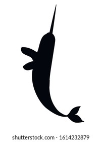 Black silhouette narwhal(Monodon monoceros) toothed whale with tusk cartoon sea character design flat vector illustration isolated on white background