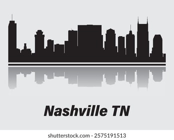 Black silhouette of Nashville city skyline with reflection in the water. Vector on a gray background