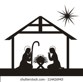 Black Silhouette Nativity Scene Isolated. Vector Illustration