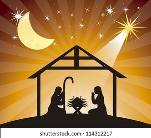 black silhouette nativity scene over evening. vector illustration