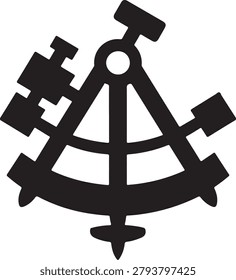 A black silhouette of a nautical sextant navigation tool, isolated on a clean white background des