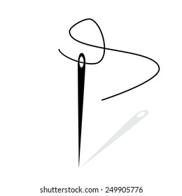 Black silhouette needle and thread vector icon isolated on white