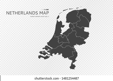 Black silhouette of Netherlands map on transparent background. EPS10 vector file organized in layers for easy editing.