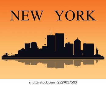 Black silhouette of New York city skyline with reflection in water on orange background. Vector graphics