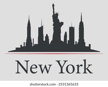 The black silhouette of the New York City skyline is emphasized by a red line. Vector on a gray background