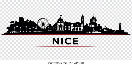 A black silhouette of the Nice skyline, featuring iconic buildings and a Ferris wheel, is displayed against a transparent background. The word 