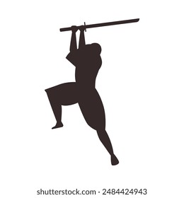 The black silhouette of a ninja character swinging a katana to strike. Vector graphics on a white background showcases traditional Japanese ninjutsu costumes