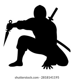 Black silhouette of a ninja crouching with a sword, showcasing agility and stealth in a martial arts stance.