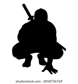 Black silhouette of a ninja crouching with a sword on shoulder, emphasizing stealth and agility in a dynamic pose.