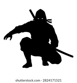 Black silhouette of a ninja crouching with a sword, emphasizing stealth and agility, against a plain white background.