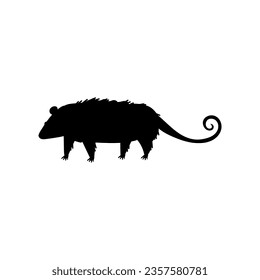 Black silhouette of North American opossum animal, vector illustration isolated on white background. North American opossum or possum contour image or icon.